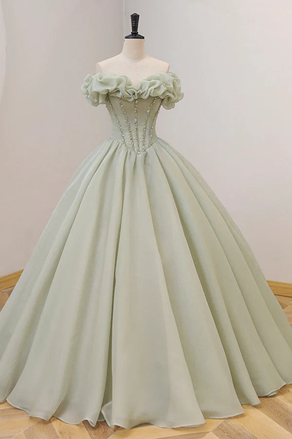 Wholesale Green A-Line Tulle Long Prom Dress with Beaded Off the Shoulder Evening Dress